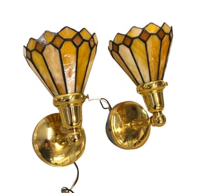 Nice pair lead glass brass base wall sconces