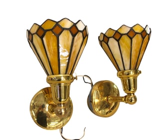 Nice pair lead glass brass base wall sconces