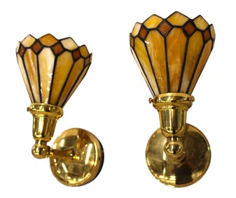 Nice pair lead glass brass base wall sconces