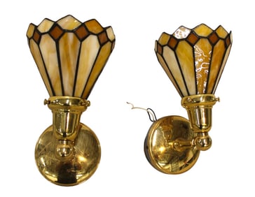 Nice pair lead glass brass base wall sconces