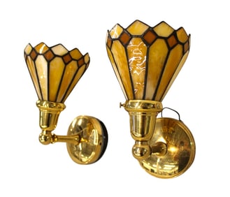 Nice pair lead glass brass base wall sconces