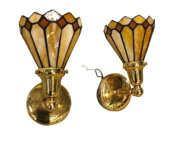 Nice pair lead glass brass base wall sconces