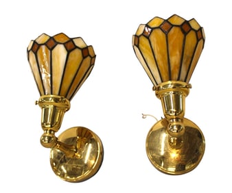 Nice pair lead glass brass base wall sconces