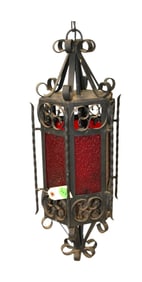MidC black iron and red glass shade hanging light