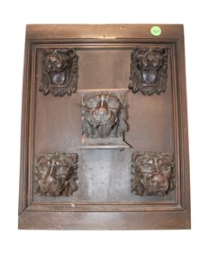 5 antique carved oak lion heads attrib. RJ Horner