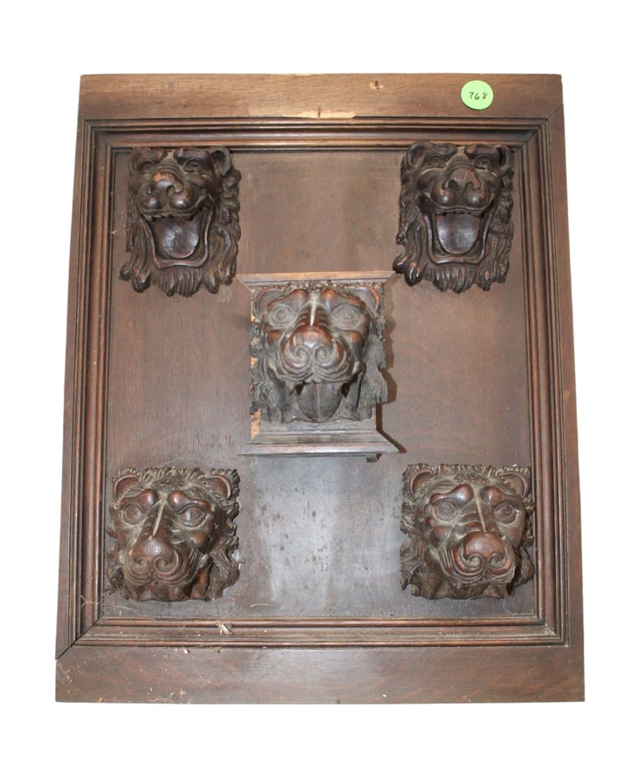 5 antique carved oak lion heads attrib. RJ Horner (1 of 4)