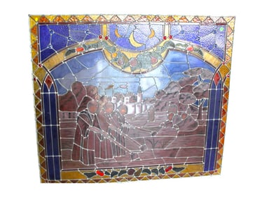 Antique lead glass window, signed, nicely done with jewels, attributed to Laukhauff Stained Glass