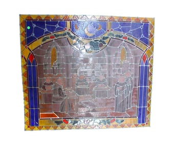 Antique lead glass window signed, nicely done with jewels, attributed to Laukhuff Stained Glass Inc