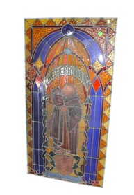 Antique lead glass window The Merry Monk nicely done with jewels attrib. Laukhauff Stained Glass Co.