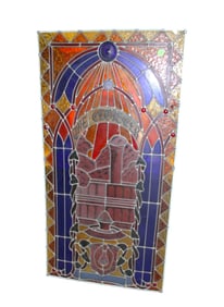 Antique lead glass window The Cloister nicely done with jewels attrib. Laukhauff Stained Glass Inc.