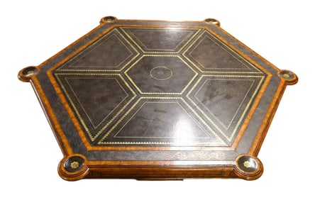 Maitland Smith leather top & bronze trim poker game table with bronze paw feet