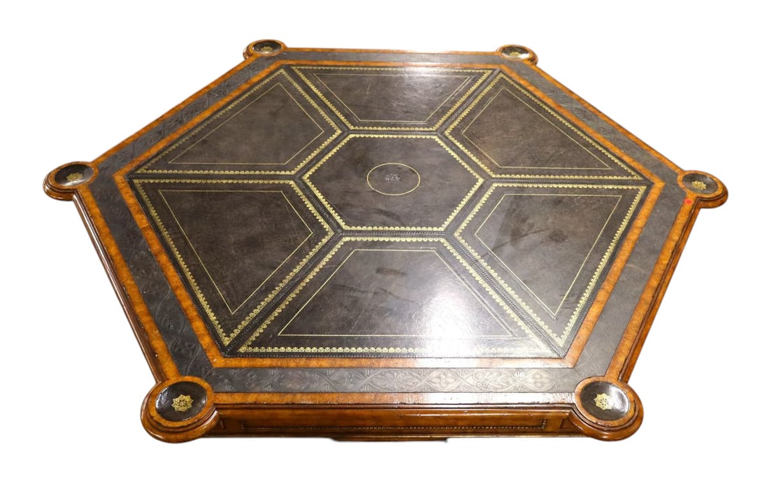 Maitland Smith leather top & bronze trim poker game table with bronze paw feet (1 of 7)