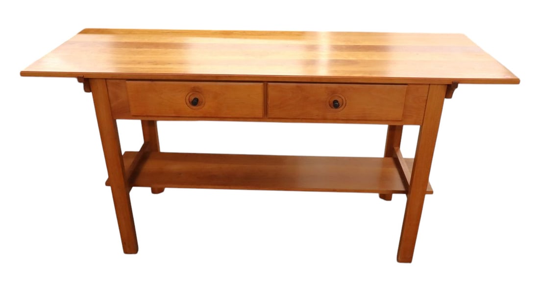 Scott Jordan NY quality arts & crafts console table: Scott Jordan Furniture NY quality solid cherry 2 drawer console table, arts and crafts style, original finish, structurally sound and in good condition. 32"h x 64"w x 22"d