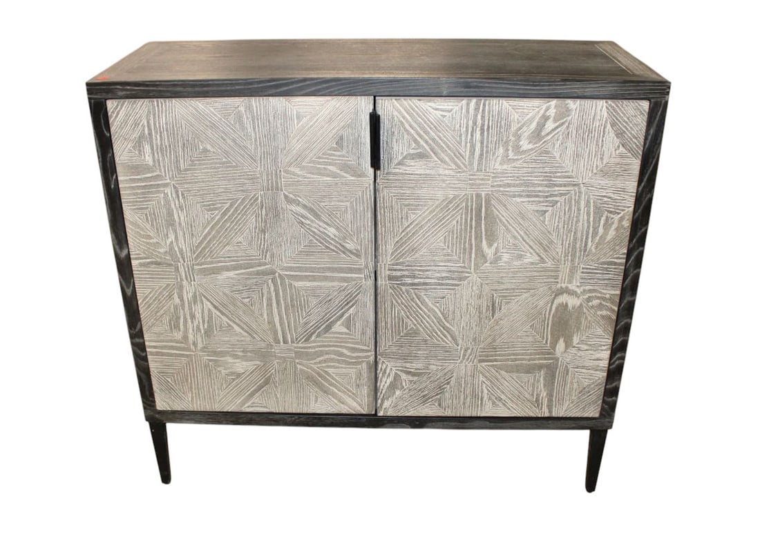 Uttermost natural finish two tone grey side cabinet: Uttermost 2 door natural finish two tone grey side cabinet, structurally sound and in good condition, no noticeable issues. 34"h x 36.5"w x 14.5"d