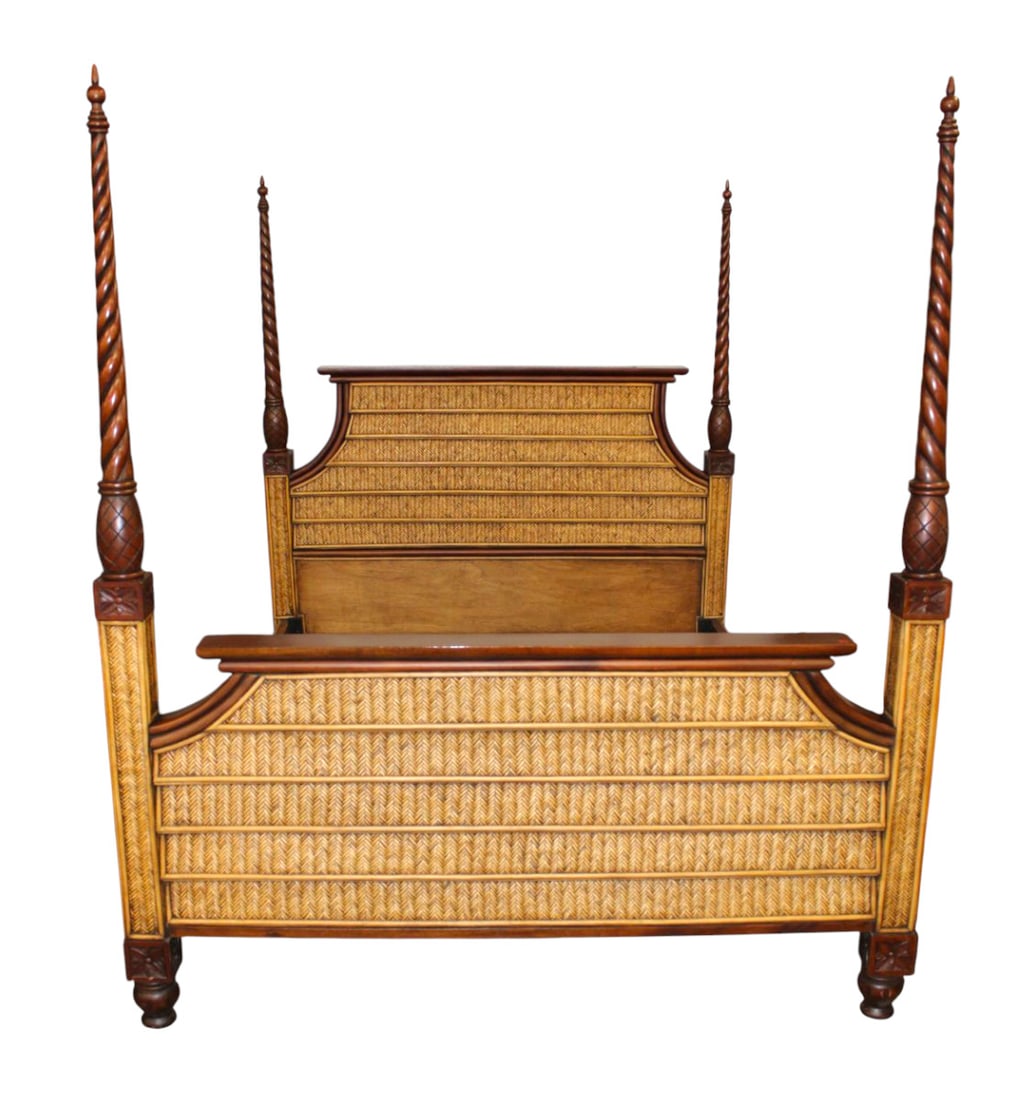 Wicker mahogany queen size 4 poster decorator bed: Wicker and mahogany queen size 4 poster decorator bed, quality bolt together construction, complete with rails and bed slats, twisted posts are removable for transit, attributed to Tommy Bahama. Match