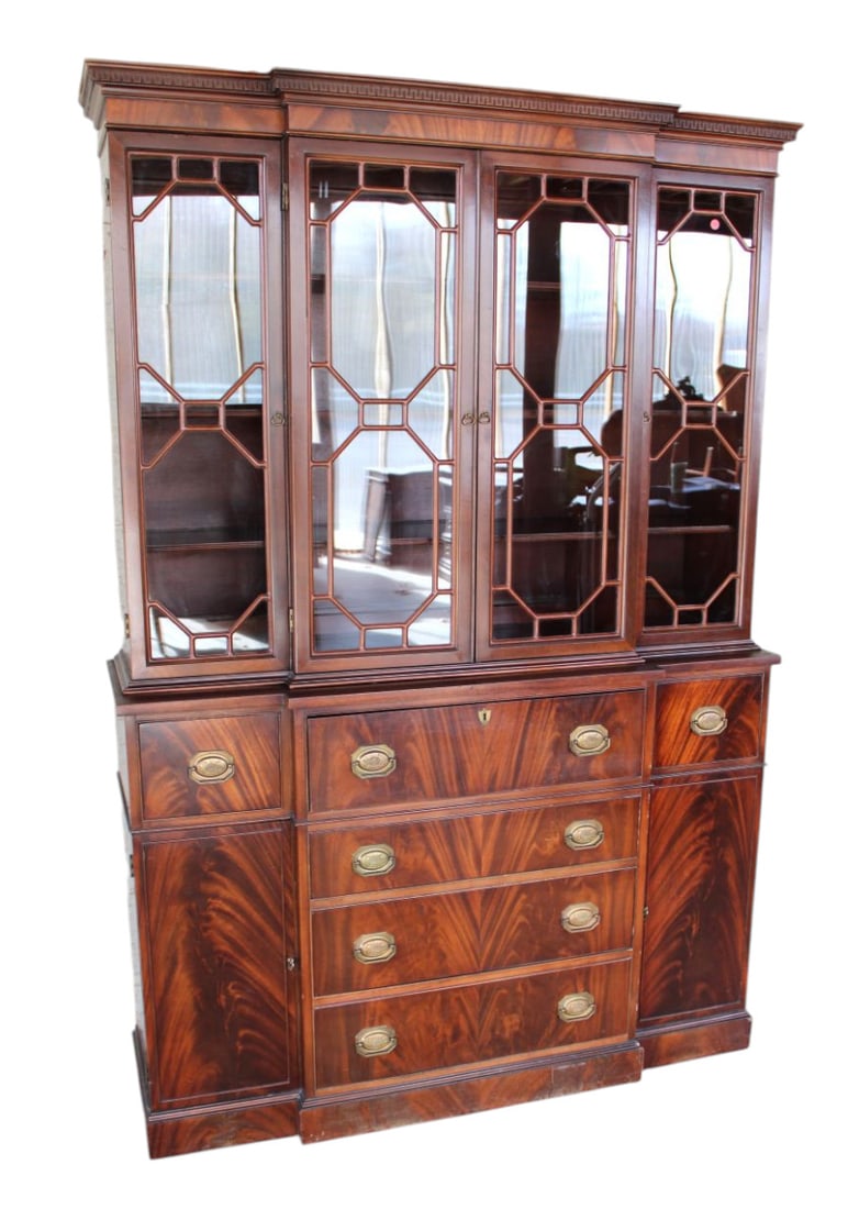 Vintage burl mahogany buffet china with desk: Vintage burl mahogany 2 piece buffet china with desk in top drawer, structurally sound and original finish and good condition for age. 80.5"h x 54"w x 18"d (top is 43")