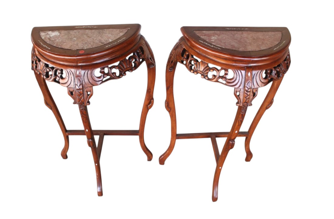 PR Asian hardwood MT demilune console tables: Pair of Asian solid hardwood marble top demilune console tables with mother of pearl inlay in the mahogany, structurally sound and original finish, marble is good. Can put together to make a round tab