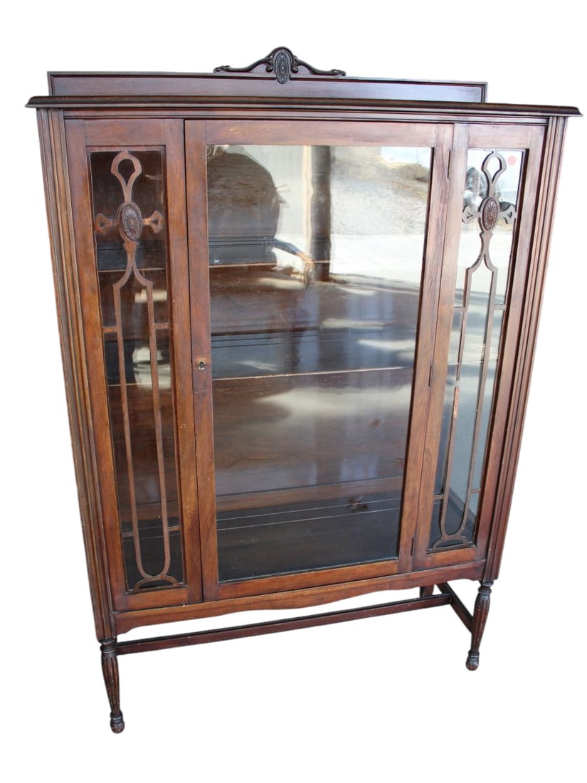 Antique walnut 1 door china with key: Antique walnut 1 door china with key, wood shelves, structurally sound and original finish with some fretwork loss see photos. 62.5"h x 42"w x 16"d