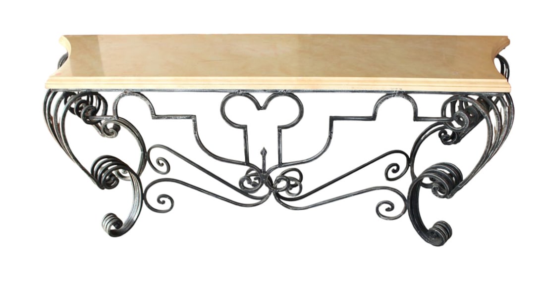 Decorator scroll metal and faux marble top console: Decorator scroll metal and faux marble top console, structurally sound, top has some wear. 29.5"h x 77"w x 22"d