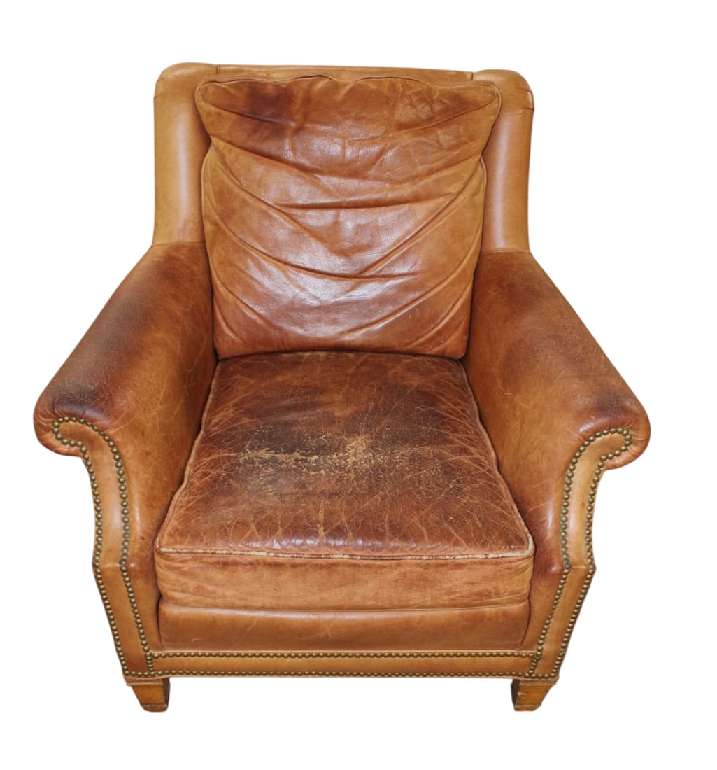 Cool Vtg Whittemore-Sherrill Limited leather club chair: Cool vintage Whittemore-Sherrill Limited Furniture comfortable leather cigar lounge club chair, does show age, wear and patina, structurally sound. 34"h x 36"w x 32"d seat height of 18"