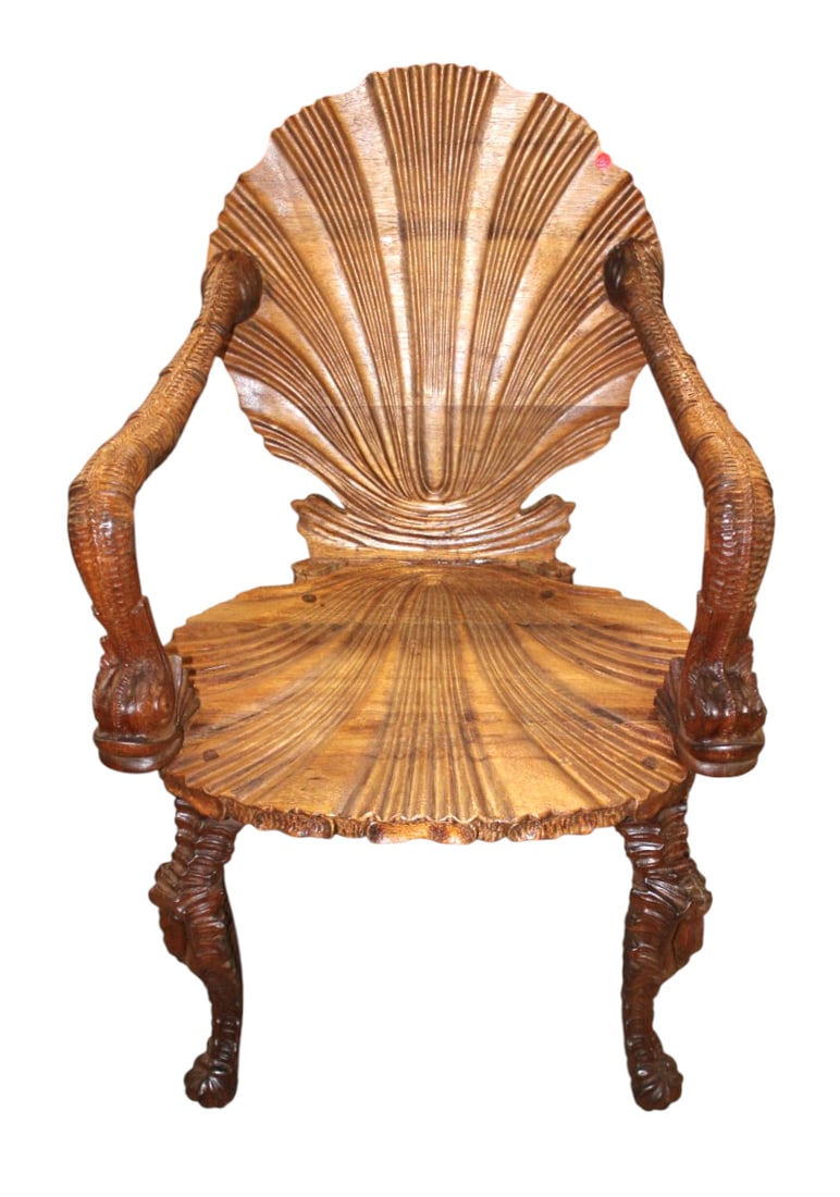 Vintage solid mahogany highly hand carved shell back grotto arm chair (1 of 7)
