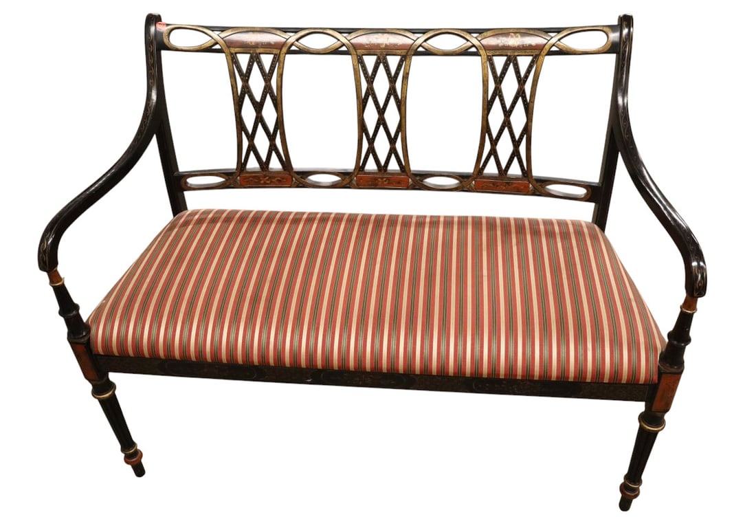 Nice Southampton stenciled black framed settee bench (1 of 7)