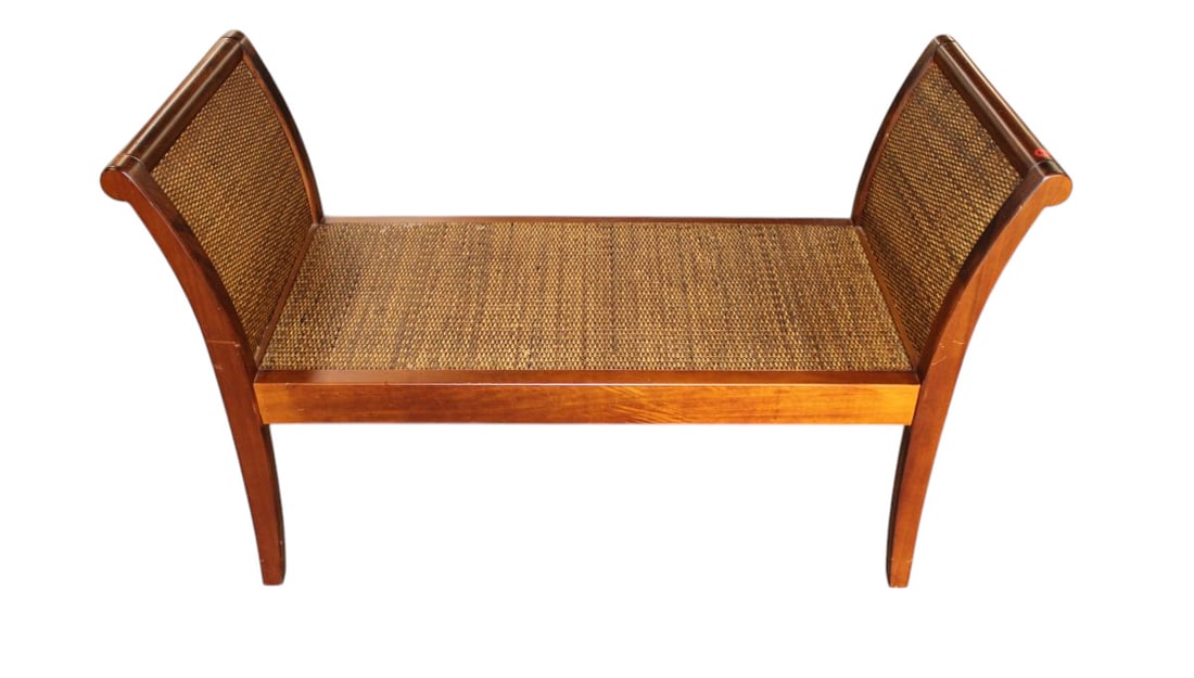 Pier 1 Import mahogany double arm and cane bench: Pier 1 Import mahogany frame double arm and cane bench, structurally sound, original finish. 28"h x 44"w x 18"d seat height 16"