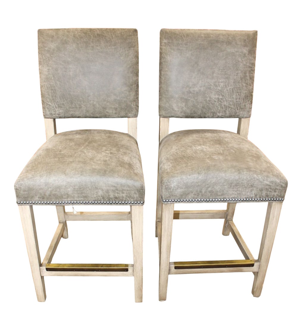 PR quality Arhaus leather barstools w/brass foot rests (1 of 5)