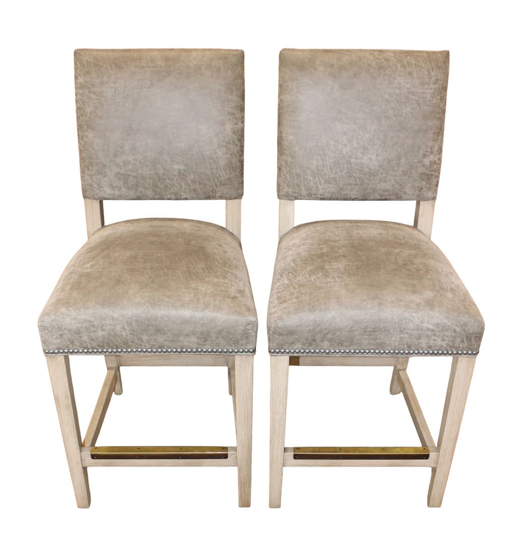 PR quality Arhaus leather barstools w/brass foot rests (1 of 5)