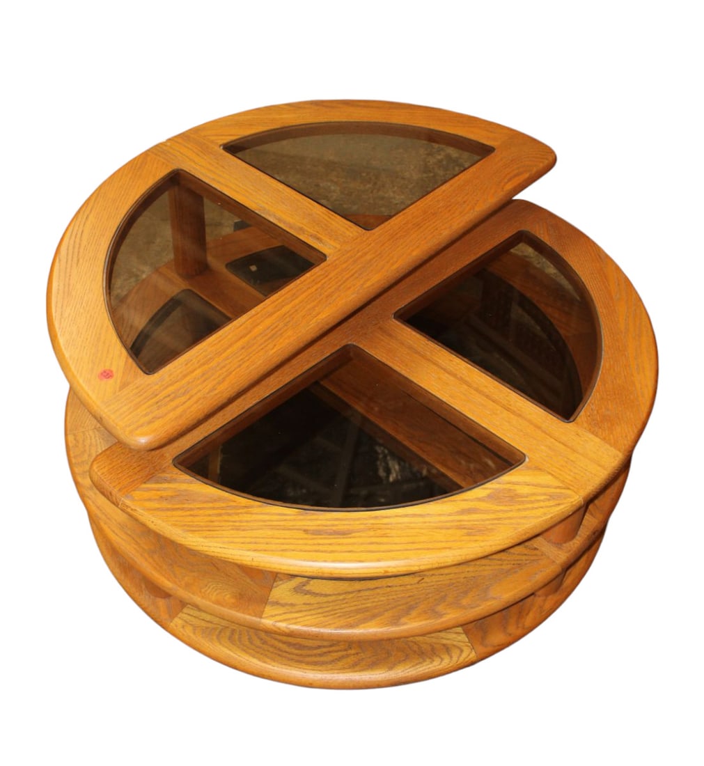 Vtg modern 3-tier oak glass swivel adj coffee table (1 of 4)