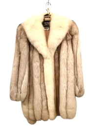 Nice white mid length fur coat with belt by Saga Fox Furs - nice clean collar - with head band