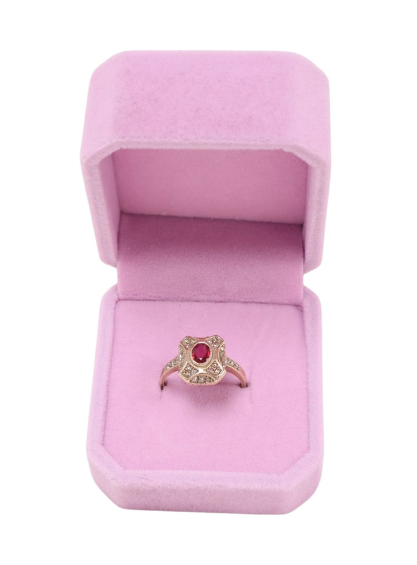 Vtg Mozambique Ruby Diamond 14k rose gold over sterling: Vintage Mozambique Ruby and Diamond 14k rose gold over sterling in gift box, .65ct size 6.75