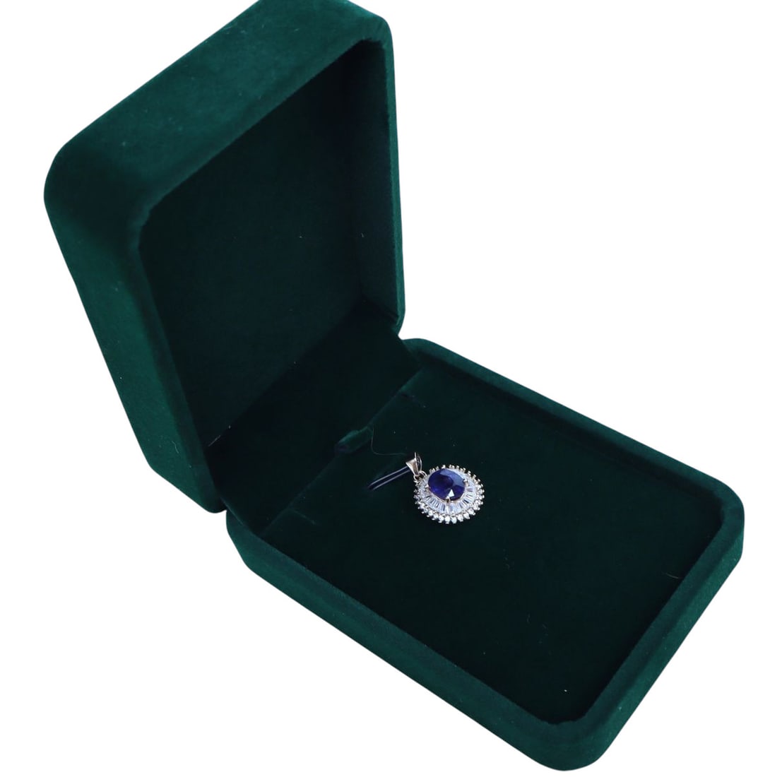 3ct blue and white sapphire baguette 14k rose gold over sterling: 3ct blue and white sapphire baguette 14k rose gold over sterling silver in gift box, 1x .75"