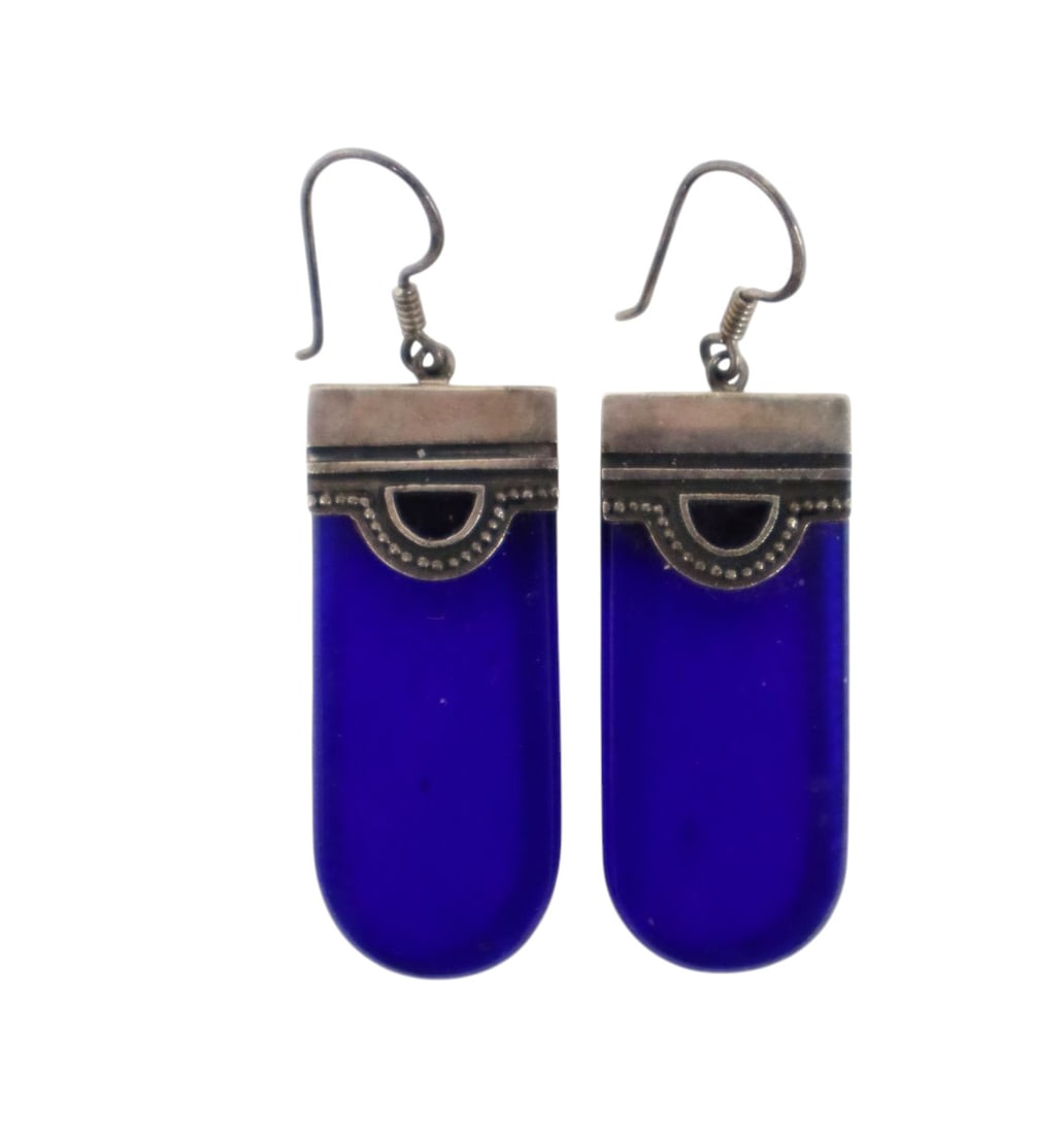 Pair vintage sterling and cobalt blue dangle earrings (1 of 5)