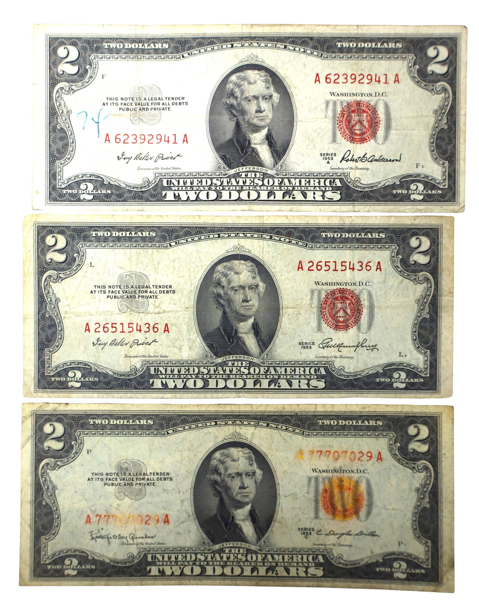 3 US $2 dollar red seal bills 1953A 1953C 1953 (1 of 3)