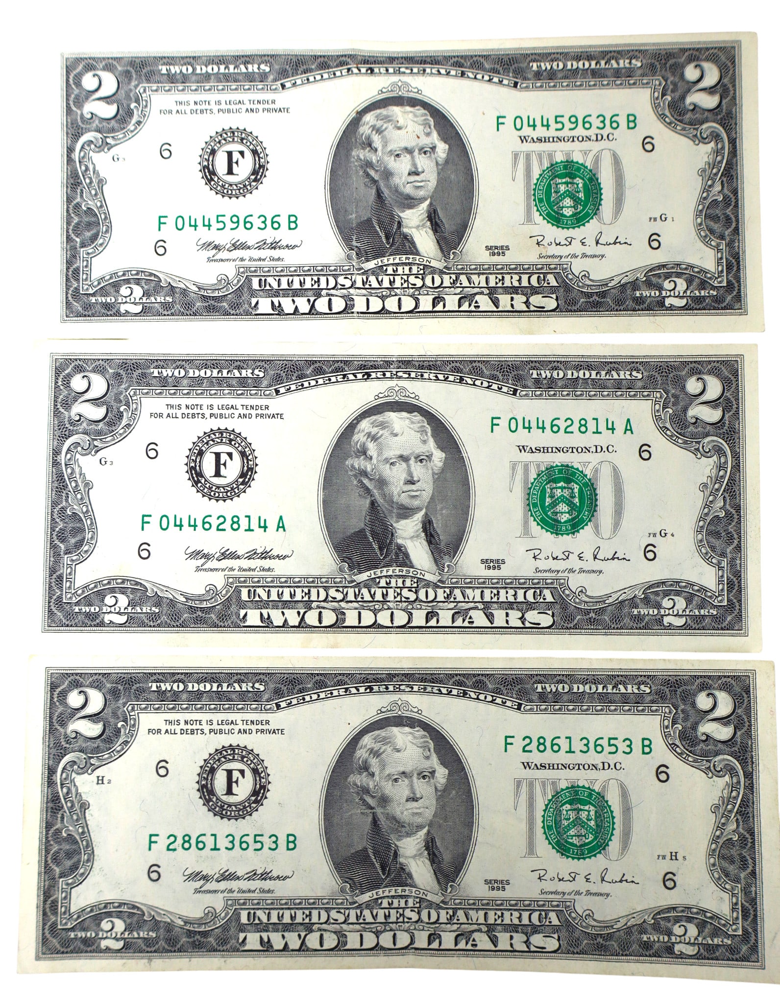 3 US $2 dollar 1995 bills (1 of 3)