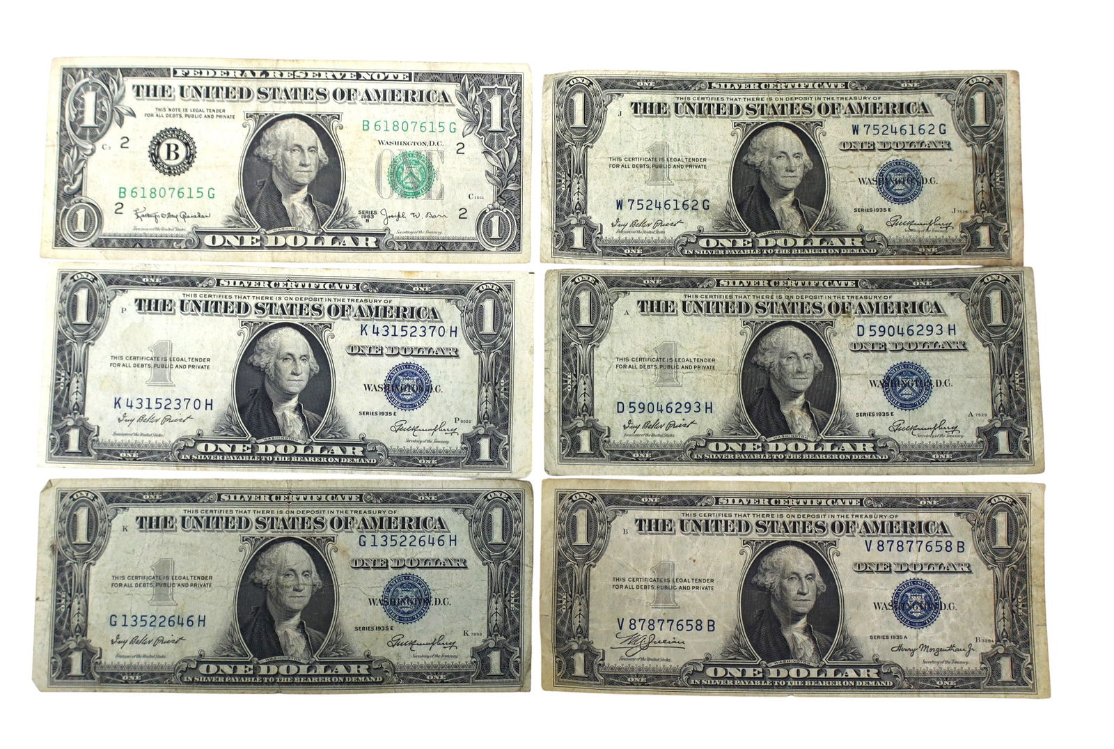 6 US $1 dollar bills: 5 silver certificates (4) 1935E, 1935A, 1963B bill (1 of 3)