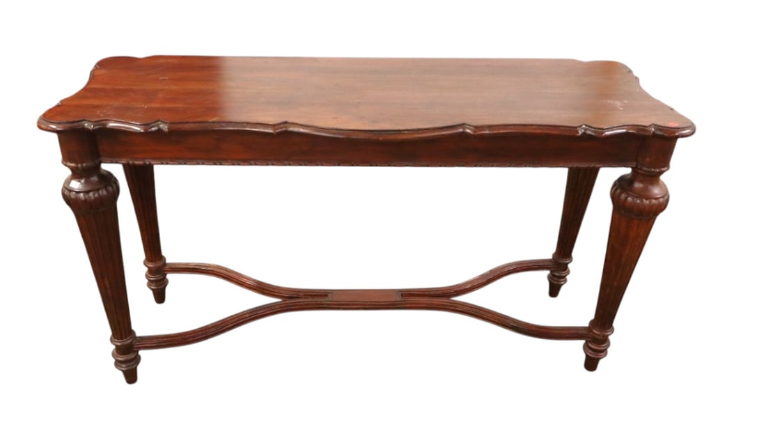 Solid mahogany carved console table, match lot #365: Solid mahogany carved console table, match lot #365, original finish, structurally sound and in good condition with wear on top. 33.25"h x 60"l x 21.50"d