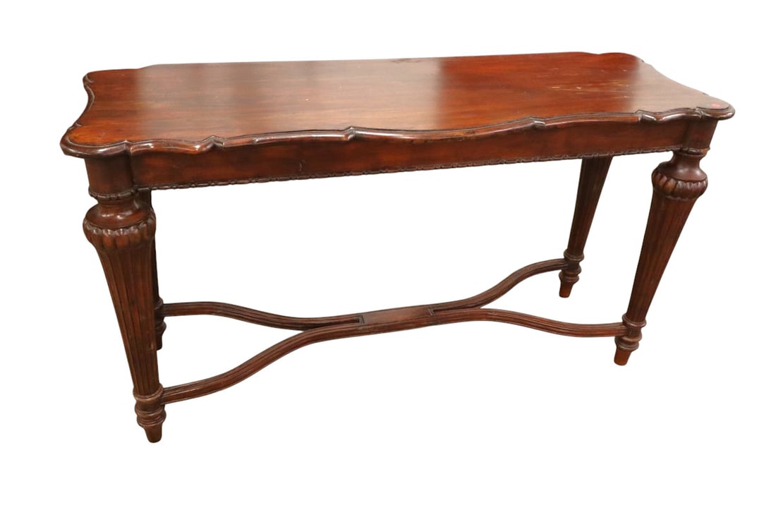 Solid mahogany carved console table, match lot #364: Solid mahogany carved console table, match lot #364, original finish, structurally sound and in good condition with wear on top. 33.25"h x 60"l x 21.50"d