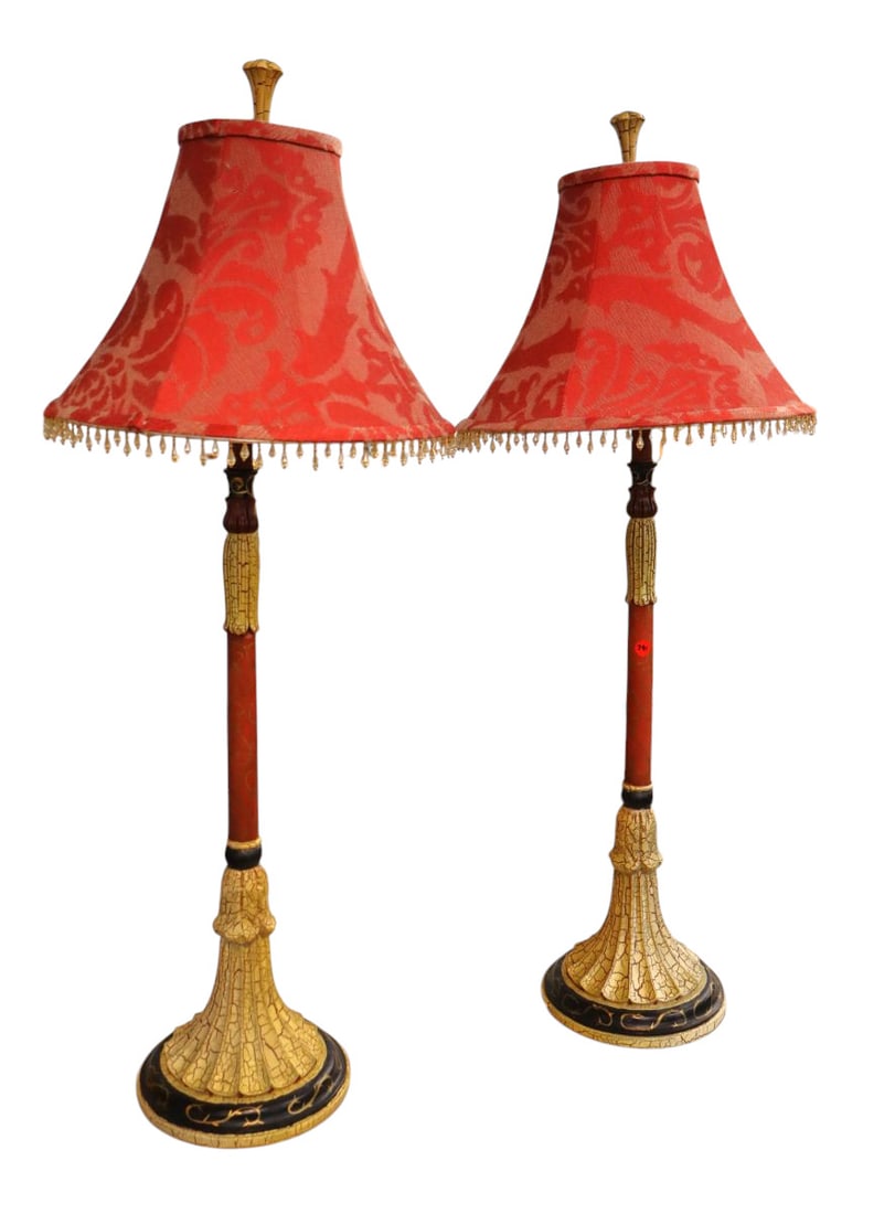 Maitland Smith pr stick decorator lamps with beaded shades: Maitland Smith pair of distressed antique finish stick decorator lamps with beaded shades, working, structurally sound and in good condition. Each lamp 43"h x Shades 16" diameter