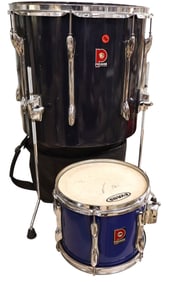 2 Premier drums, one in soft case with skins 15.25"h x 17" dia & 11" dia x 6.5"h