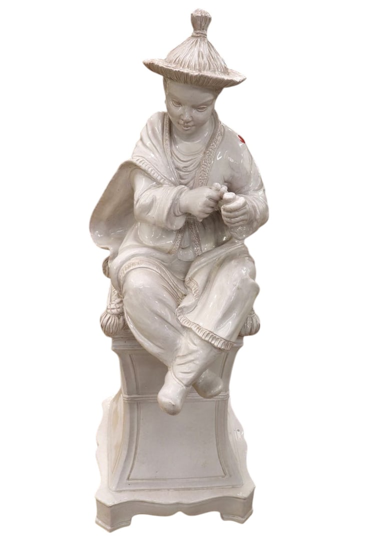 2 piece glazed pottery of Chinese man on stand 40"h: 2 piece glazed pottery of Chinese man on stand made in Italy, structurally sound and in good condition. Footprint: 40"h x 14"w x 14"d