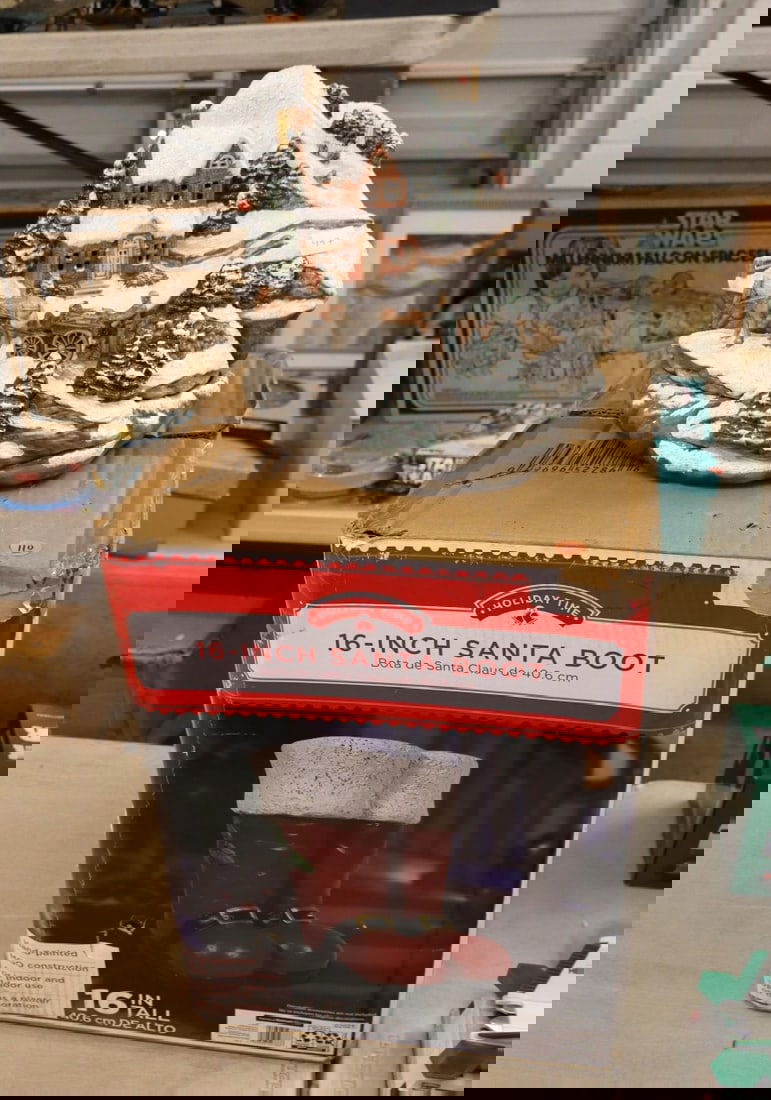 Santa Boots in box & Christmas lighted porcelain scene: 2 piece lot: 16" Santa Boots in box and Christmas lighted porcelain scene.