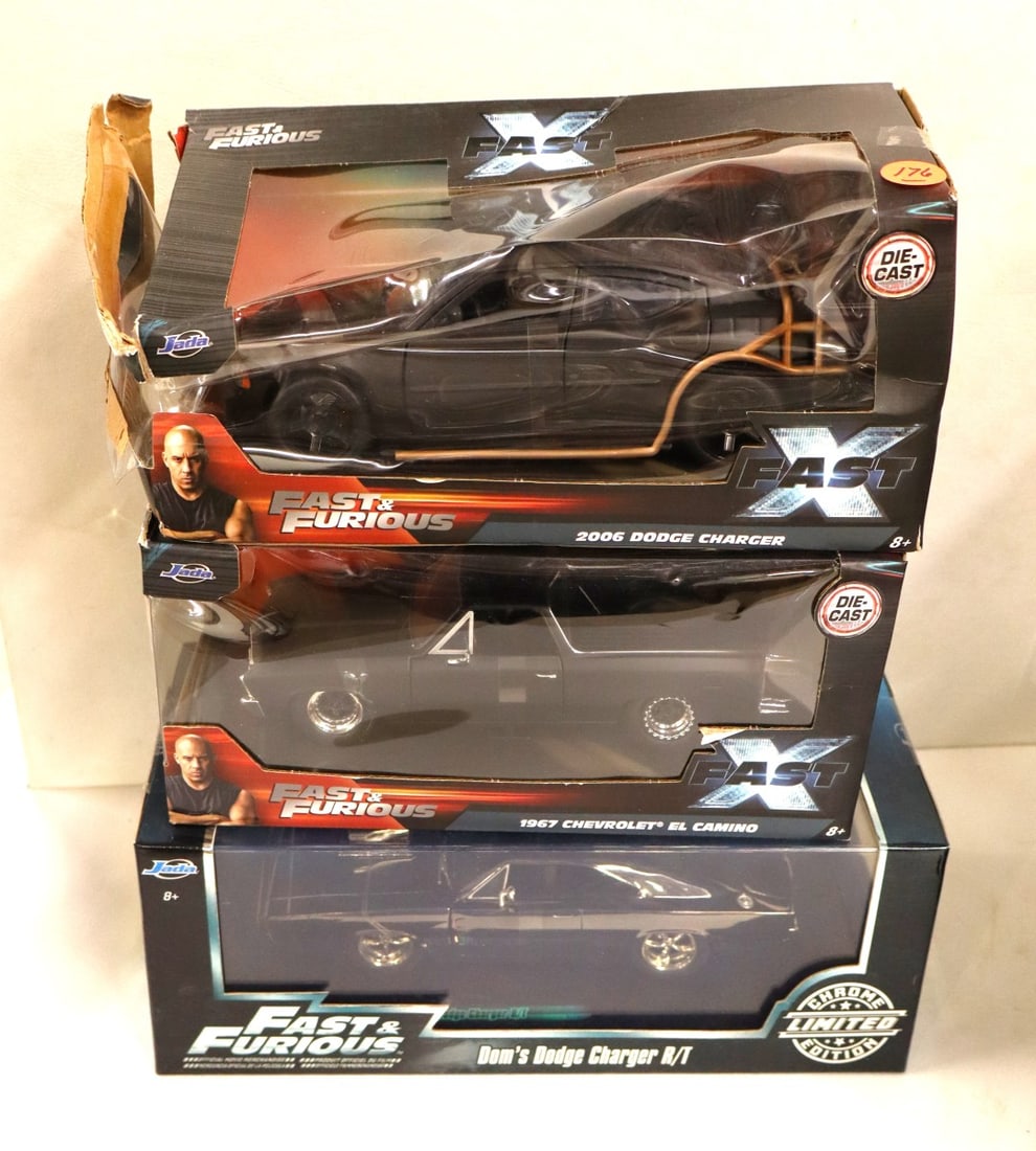 3 Jada Fast & Furious diecast cars 1/24 scale: 3 Jada Fast and Furious diecast cars 1/24 scale in original packaging.