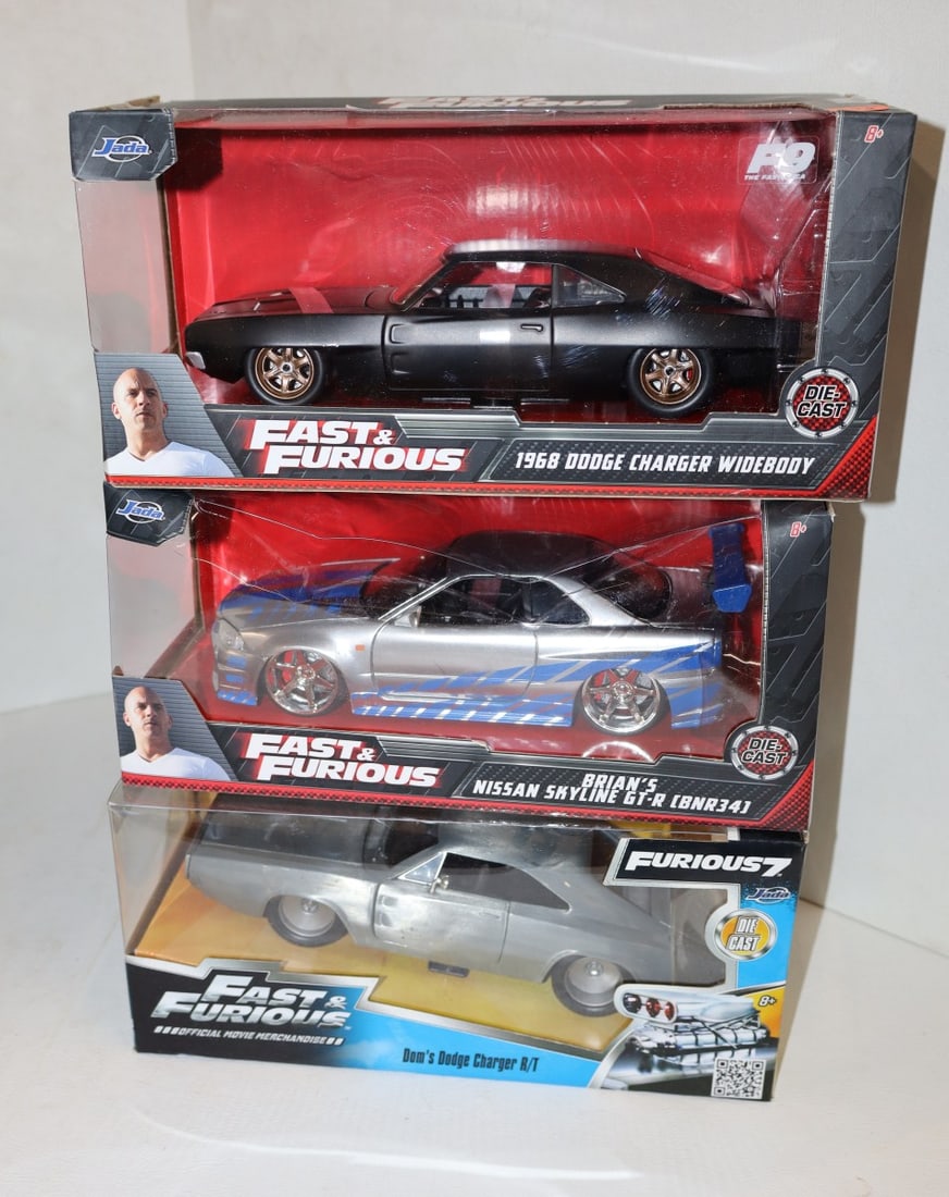 3 Jada Fast & Furious diecast cars 1/24 scale: 3 Jada Fast and Furious diecast cars 1/24 scale in original packaging.