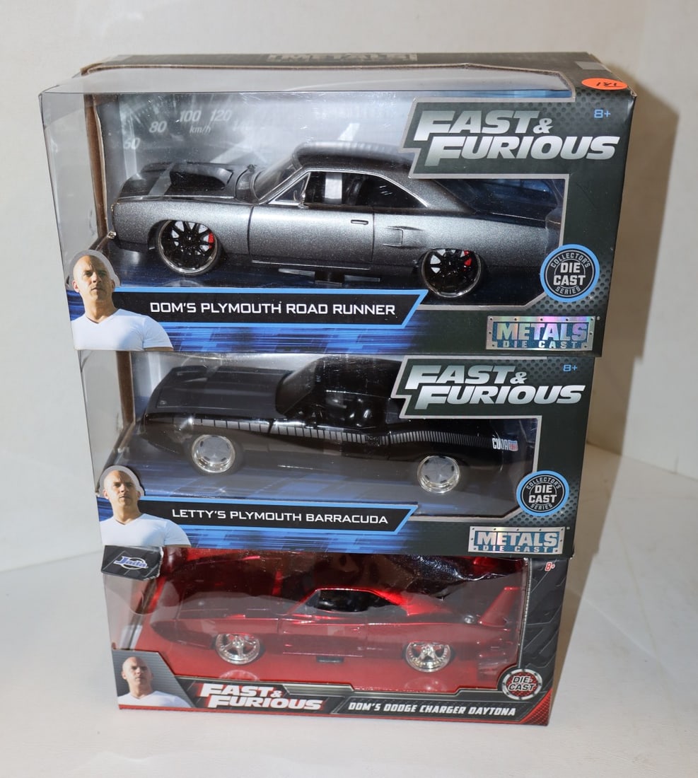 3 Jada Fast & Furious diecast cars 1/24 scale: 3 Jada Fast and Furious diecast cars 1/24 scale in original packaging.