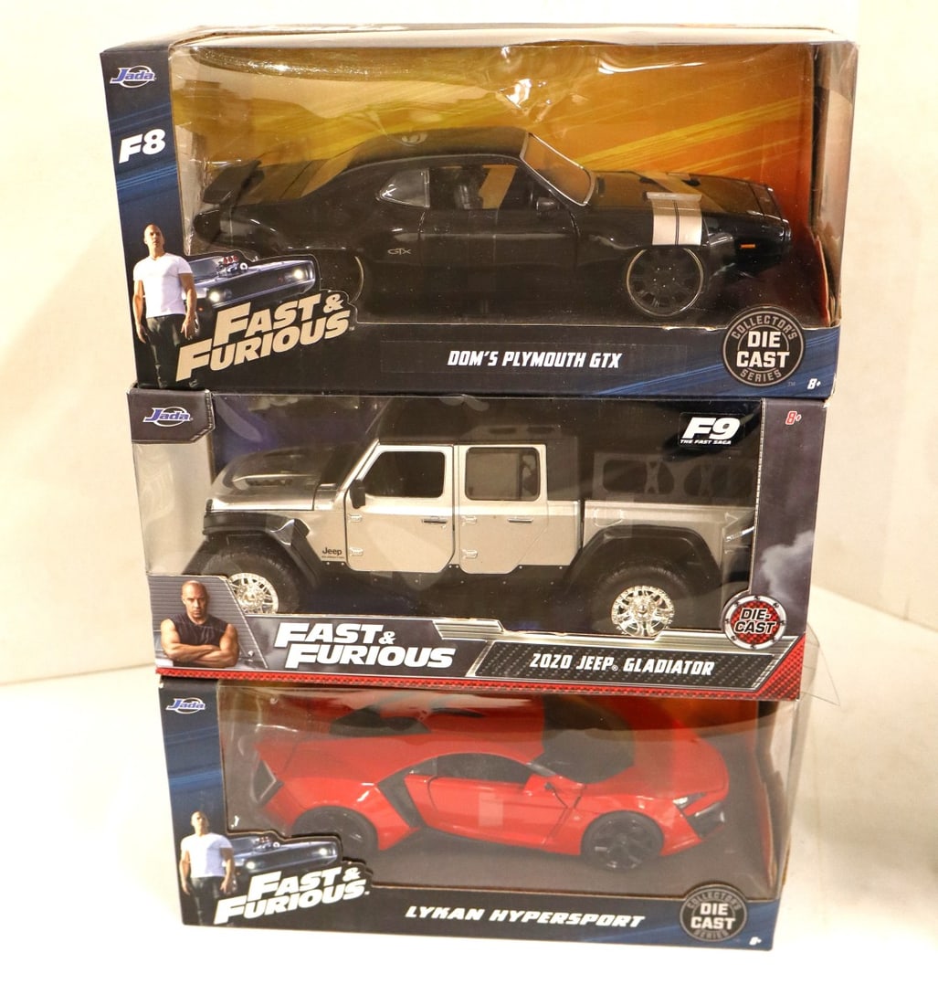 3 Jada Fast & Furious diecast cars 1/24 scale: 3 Jada Fast and Furious diecast cars 1/24 scale in original packaging.