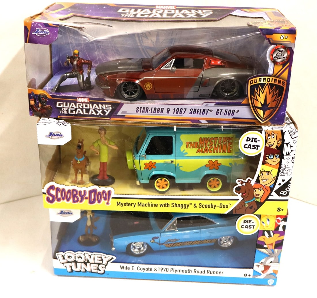 Looney Tunes, Guardian Galaxy, Scooby diecast cars unopened: 3 diecast cars: Looney Tunes, Guardian of the Galaxy, Scooby Doo. Approx. 1/24 scale or little bit bigger.