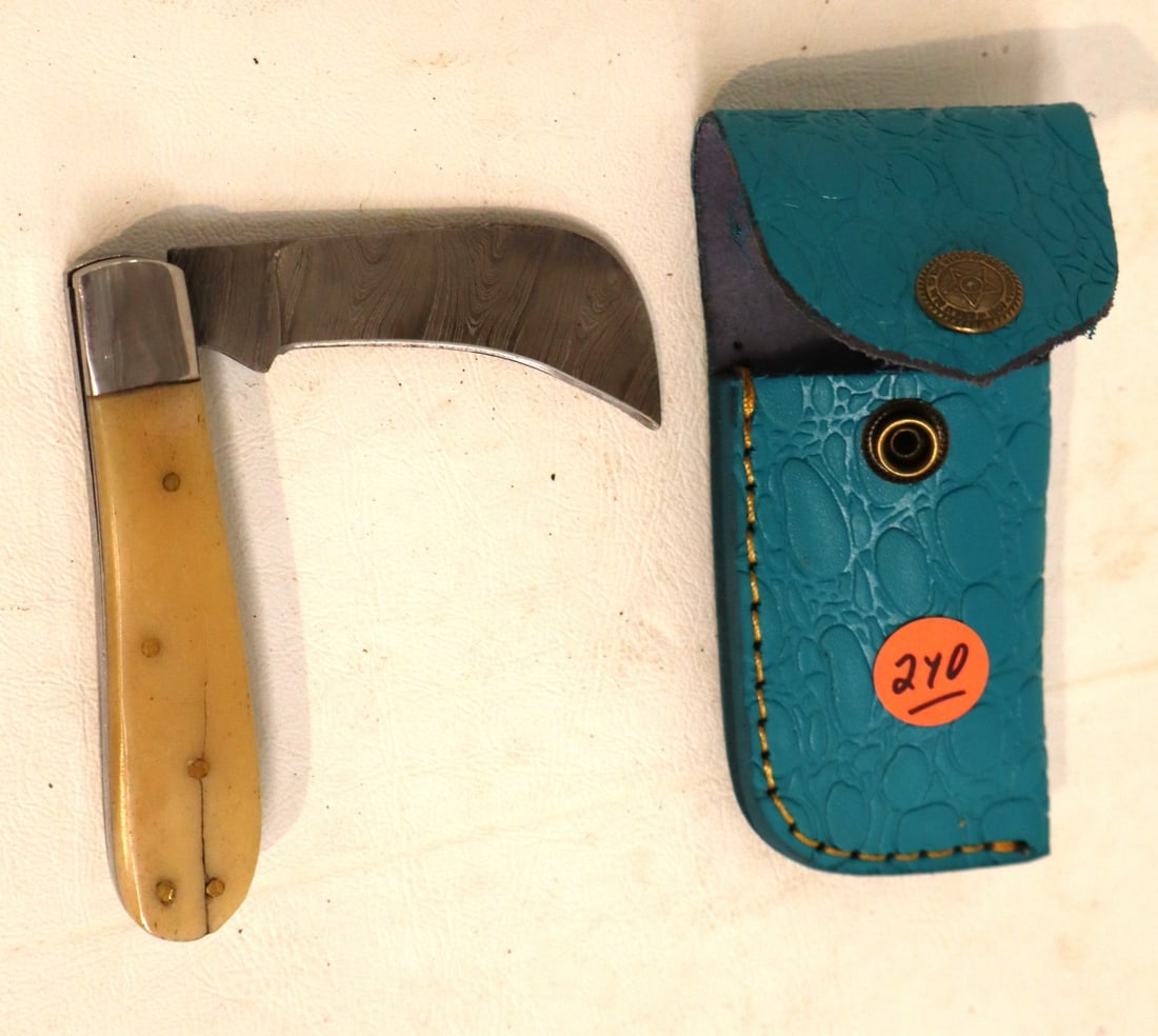 Damascus hog style folding knife bone style handle & leather sheath: Handcrafted damascus blade hog style folding knife with bone style handle, leather sheath with belt loop. 5"l