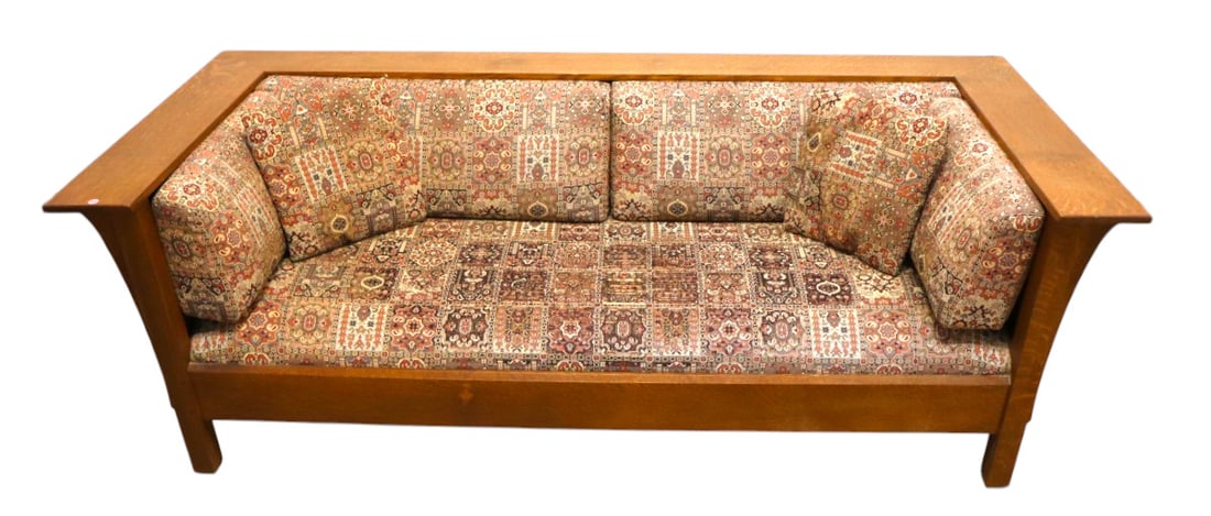 Stickley mission oak even arm paneled sides and back upholstered sofa (1 of 6)